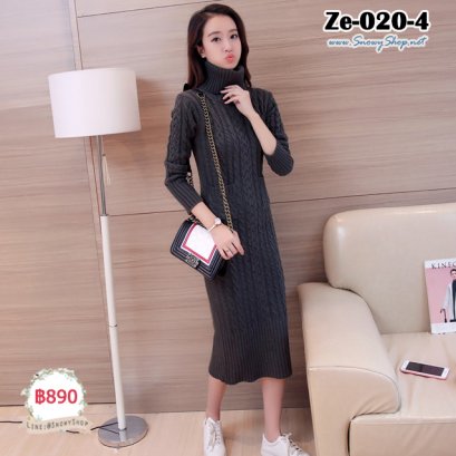 [พร้อมส่ง F] [Ze-020-4] เดรสไหมพรมคอเต่ายาวสีเทา ถักไหมพรมผ้าหนานุ่ม มีกระเป๋าหน้าสองข้าง