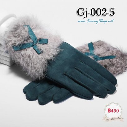 [พร้อมส่ง] [Gj-002-5] ถุงมือกันหนาวสีเขียวแต่งเฟอร์ผูกโบว์น่ารัก ผ้ากำมะหยี่ด้านหลังมือ ทัชสกรีนได้ค่ะ