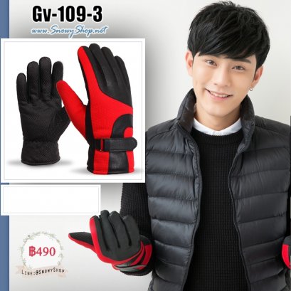  [พร้อมส่ง] [Gv-109-3] ถุงมือชายกันหนาวสีดำลายแดง