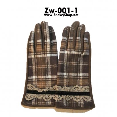 [พร้อมส่ง] [Zw-001-1]  Zw ถุงมือกันหนาวลายสก๊อตสีน้ำตาลสวย