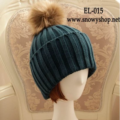  [*พร้อมส่ง] [EL-015] EL หมวกไหมพรมสีเขียวพับได้ แต่งขนปุย 