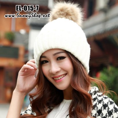 [PreOrder] [EL-015-7] EL หมวกไหมพรมสีขาวพับได้ แต่งขนปุย