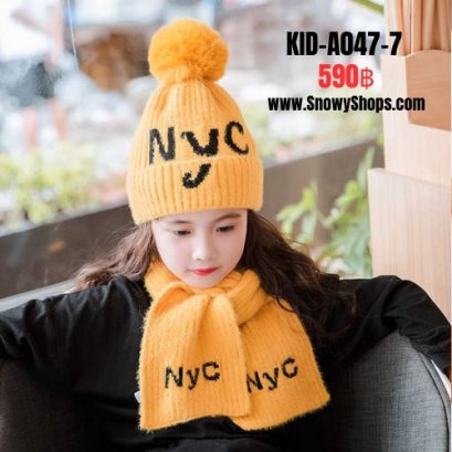 [พร้อมส่ง] [KID-A047-7] ชุดหมวกไหมพรม+ผ้าพันคอยาวกันหนาวเด็กสีเหลือง ลาย NYC ด้านในซับขนกันหนาว (ชุด 2 ชิ้น) (สำหรับ อายุ 3-12 ขวบ)