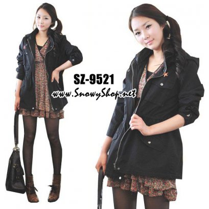  [[*พร้อมส่ง F]] [SZ-9521] SZ++เสื้อแจ๊คเก็ต++เสื้อแจ๊คเก็ตสีดำ เอวผูกเชือกได้ สามารถใส่เป็นเสื้อคลุมได้ค่ะ