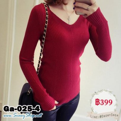  [*พร้อมส่ง] [Ga-025-4] Gagai เสื้อไหมพรมคอวีสีแดง เสื้อเข้ารูป ใส่สบายค่ะ