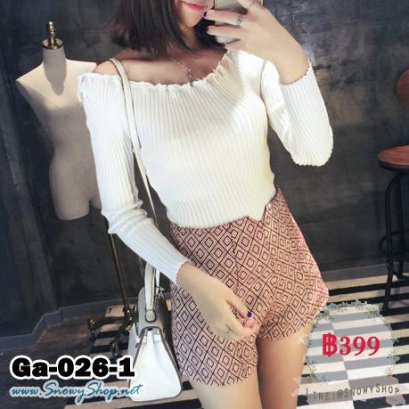 [*พร้อมส่งF] [Ga-026-1] Gagai เสื้อไหมพรมคอร้อยเปิดกว้างสีขาว แขนยาว เสื้อผ้าเข้ารูป