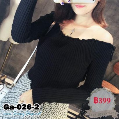 [*พร้อมส่งF] [Ga-026-2] Gagai เสื้อไหมพรมคอร้อยเปิดกว้างสีดำ แขนยาว เสื้อผ้าเข้ารูป