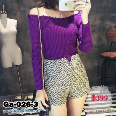  [*พร้อมส่งF] [Ga-026-3] Gagai เสื้อไหมพรมคอร้อยเปิดกว้างสีม่วง แขนยาว เสื้อผ้าเข้ารูป