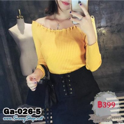  [*พร้อมส่งF] [Ga-026-5] Gagai เสื้อไหมพรมคอร้อยเปิดกว้างสีเหลือง แขนยาว เสื้อผ้าเข้ารูป[