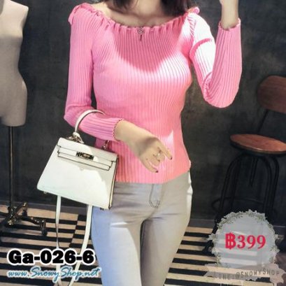  [*พร้อมส่งF] [Ga-026-6] Gagai เสื้อไหมพรมคอร้อยเปิดกว้างสีชมพู แขนยาว เสื้อผ้าเข้ารูป