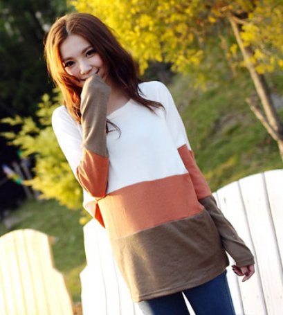  [*พร้อมส่ง F] [TK-861] Tokyo Fashion 100%++เสื้อ++เสื้อตัวยาวลายสีส้มอ่อนสลับสามสี แขนยาว