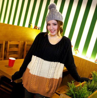 [*พร้อมส่ง F][TK-873] Tokyo Fashion 100%++เสื้อไหมพรม++เสื้อไหมพรมใยหนา ลายสีน้ำเงิน-ส้ม