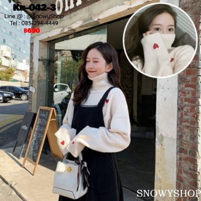 [พร้อมส่ง] [Kn-042-3] เสื้อไหมพรมคอเต่าสีขาว แต่งลายรูปหัวใจเล็กๆน่ารัก ผ้าหนากันหนาวอย่างดี