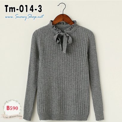 [พร้อมส่ง F]   [Tm-014-3] เสื้อไหมพรมคอระบายผูกโบว์สีเทา ผ้าไหมพรมเนื้อนุ่มมากน่ะค่ะ 