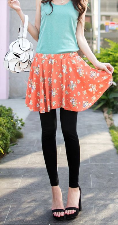  [[*พร้อมส่ง S,M,L]] [OB-030] Orange Bear++กางเกงเลคกิ้ง++กางเกงเลคกิ้งขายาวสีดำติดกับกระโปรงลายดอกสีส้ม