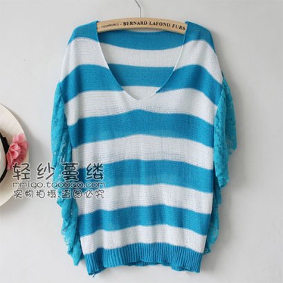  [[*พร้อมส่ง F]] [Ab-005] Angle Beauty++เสื้อ++เสื้อลายขวางสีขาวดำแต่งแขนด้วยผ้าลูกไม้ค่ะ