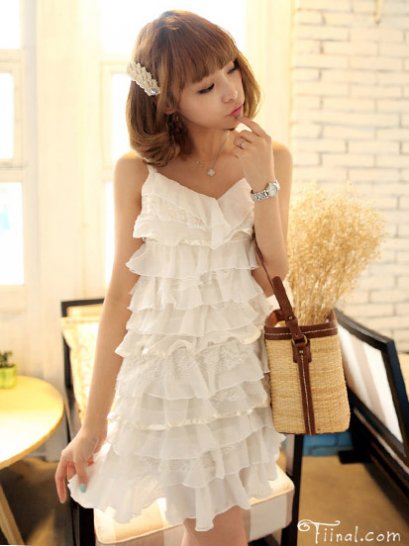 [[พร้อมส่ง S M]] [Mi-218] Mimius++เดรส++เดรสสีขาวสายเดี่ยวระบายชั้น