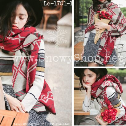 [พร้อมส่ง] [Le-1701-1] ผ้าพันคอไหมพรมลายอินเดียสีแดงผืนใหญ่ค่ะ