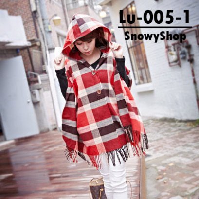  [[*พร้อมส่ง F]] [เสื้อคลุมไหมพรม] [Lu-005-1] Lulu&#039;s เสื้อคลุมไหมพรมสีแดงลายตารางมีหมวกฮู็ดคลุมค่ะ