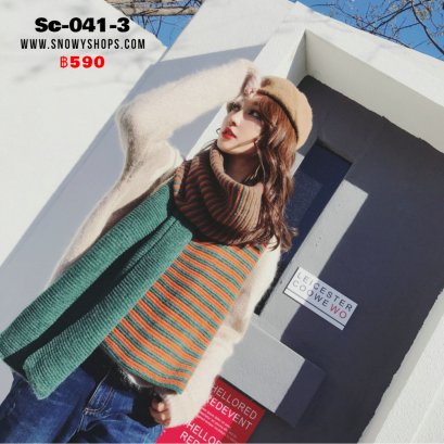 [พร้อมส่ง] [Sc-041-3] Scarf ผ้าพันคอไหมพรมสีเขียวลายทางทูโทน สีตัดกันสวยมาก