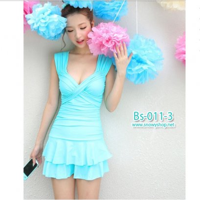  [[พร้อมส่ง]] [ชุดว่ายน้ำ] [Bs-011-3] One Piece สีเขียวหน้าอกเว้าเข้ารูป กระโปรงระบาย 