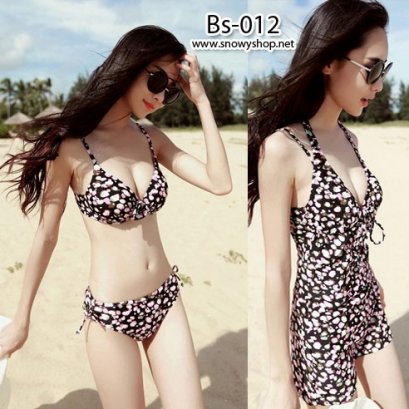  [[พร้อมส่ง]] [ชุดว่ายน้ำ] [Bs-012] Bikiniพื้นดำลาย บิกินีตัวบายสายเดี่ยว กางเกงว่ายน้ำผูกข้าง พร้อมเดรสคล้องลายเดียวกัน (ชุด 3 ชิ้น)