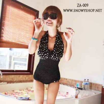  [[พร้อมส่ง]] [ZA-009] ZA++ชุดว่ายน้ำ++ชุดว่ายน้ำสีดำ เปิดอกลายจุดผูกคอ