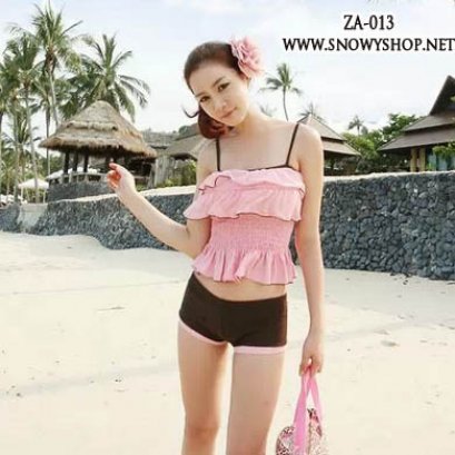 [[พร้อมส่ง]] [ZA-013] ZA++ชุดว่ายน้ำ++Bikini ชุดว่ายน้ำสีชมพูเสื้อระบายสายเดี่ยว กางเกงขาสั้นสีน้ำตาล เข้าชุด