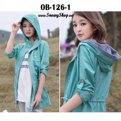  [*พร้อมส่ง 2XL,3XL] [OB-126-1] Orange Bear เสื้อโค้ทกันหนาวสีฟ้ามีหมวกฮู้ด มีซับกันหนาวด้านใน เอวผูกเชือกได้