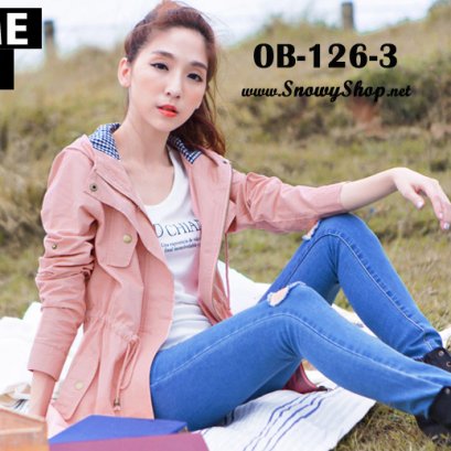  [**พร้อมส่ง L,2XL] [OB-126-3] Orange Bear เสื้อโค้ทกันหนาวสีชมพูมีหมวกฮู้ด มีซับกันหนาวด้านใน เอวผูกเชือกได้