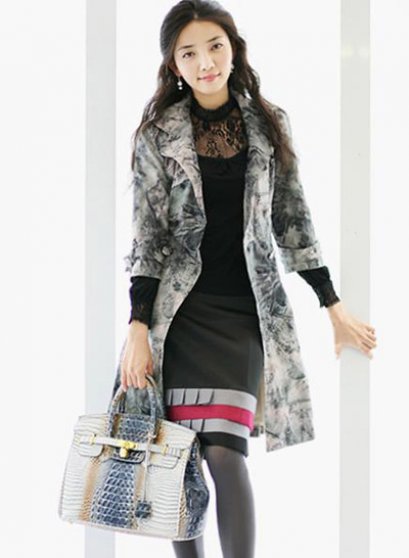  [[*พร้อมส่ง M]] [SZ-1376] SZ++เสื้อโค้ท++เสื้อโค้ทลายพันธบัตรสีเทาเขียว คอปกแขนยาว ผูกโบว์ข้างหลังค่ะ