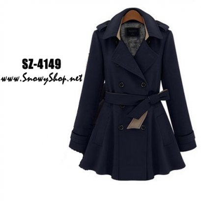 [[*พร้อมส่ง S,M,L,XL,2XL]] [Coat] [SZ-4149]] Shezyy เสื้อโค้ท เสื้อโค้ทกันหนาวสีน้ำเงินสไตล์ยุโรป กระดุมหน้า พร้อมเข็มขัด