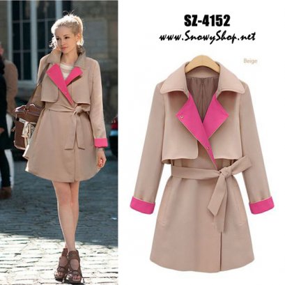 [*พร้อมส่ง M,L,XL] [SZ-4152] Shezyy++เสื้อกันหนาว++เสื้อโค้ทกันหนาวสีครีมปกสีชมพู พร้อมผ้าผูกเอว