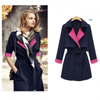  [*พร้อมส่ง S,L,XL] [SZ-4152-1] Shezyy++เสื้อกันหนาว++เสื้อโค้ทกันหนาวสีน้ำเงินปกสีชมพู พร้อมผ้าผูกเอว