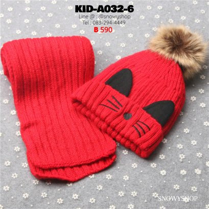 [พร้อมส่ง] [Kid-A032-6] ชุดหมวกไหมพรมผ้าพันคอกันหนาวเด็ก สีแดงลายแมว ด้านในซับขนกันหนาว (ชุด 2 ชิ้น)