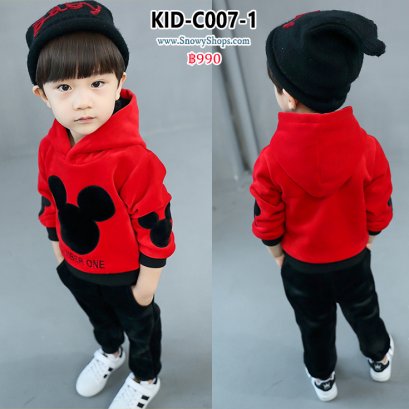 [พร้อมส่ง 90] [KID-C007-1] ชุดวอร์มเด็กเสื้อสีแดง ลายมิกกี้เม้าส์ เสื้อซับขนกันหนาว มีหมวกฮู้ด พร้อมกางกางขายาวสีดำ (ชุด2ชิ้น)