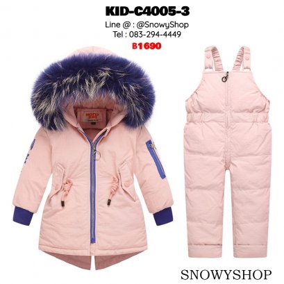 [พร้อมส่ง 80,90,100]  [KID-C4005-3] เสื้อโค้ทกันหนาวขนเป็ดเด็กสีชมพู แต่งขอบสีน้ำเงิน มีหมวกฮู้ดแต่งขนเฟอร์ถอดได้ +ชุดเอี๊ยมซิปหน้ากางเกงยาวกันหนาว เข้าชุดกัน ใส่ลุยหิมะได้เต็มที่ค่ะ
