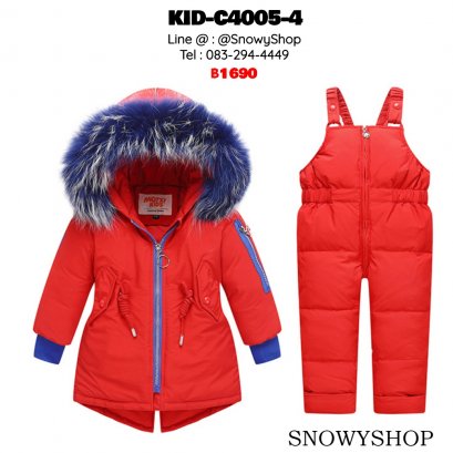 [พร้อมส่ง 80,90,100]  [KID-C4005-4] เสื้อโค้ทกันหนาวขนเป็ดเด็กสีแดง แต่งขอบสีน้ำเงิน มีหมวกฮู้ดแต่งขนเฟอร์ถอดได้ +ชุดเอี๊ยมซิปหน้ากางเกงยาวกันหนาว เข้าชุดกัน ใส่ลุยหิมะได้เต็มที่ค่ะ