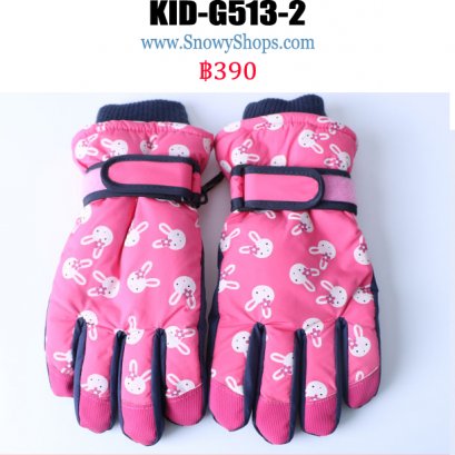 [PreOrder]  [Kid-G513-2] ถุงมือกันหนาวสีชมพูเข้มลายกระต่าย  ด้านในซับขนกันหนาว เล่นหิมะได้ (เหมาะสำหรับเด็ก 7-12ขวบ)