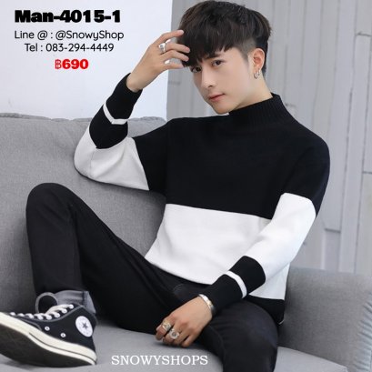 [พร้อมส่ง M,XL,2XL,3XL] [Man-4015-1] เสื้อไหมพรมคอสูงผู้ชายสีดำ ลายตัดสีขาว ผ้าไหมพรมหนานุ่มกันหนาว