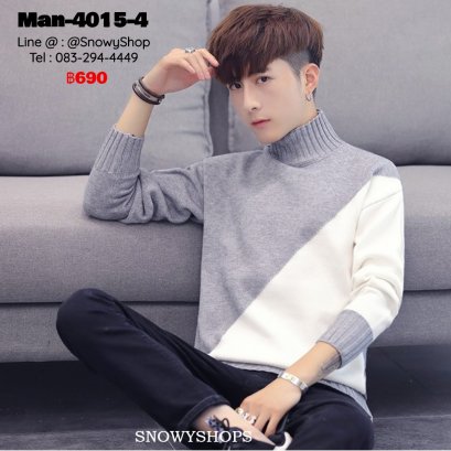[พร้อมส่ง M,L,XL,2XL,3XL]  [Man-4015-4] เสื้อไหมพรมคอสูงผู้ชายสีเทา ลายตัดสีขาว ผ้าไหมพรมหนานุ่มกันหนาว