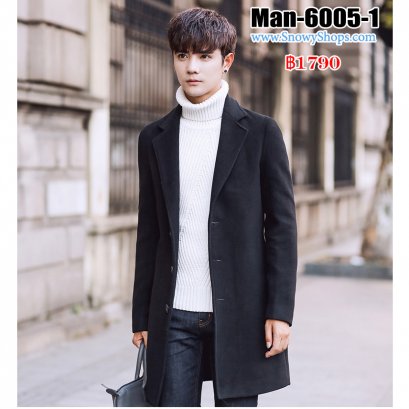 [พร้อมส่ง M,XL,2XL,3XL,4XL,5XL] [Man-6005-1] เสื้อโค้ทสูทกันหนาวชายสีดำ คอปกยาว ติดกระดุมด้านหน้า ทรงเรียบหรูและดูดี 