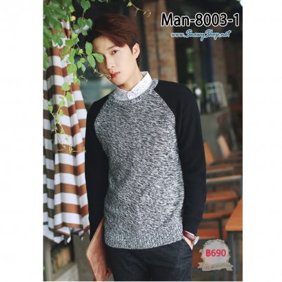 [พร้อมส่ง M,2XL] [Man-8003-1] เสื้อไหมพรมคอกลมชายสีดำตัดต่อแขนสีดำ ผ้าไหมพรมเนื้อหนาใส่กันหนาวดี