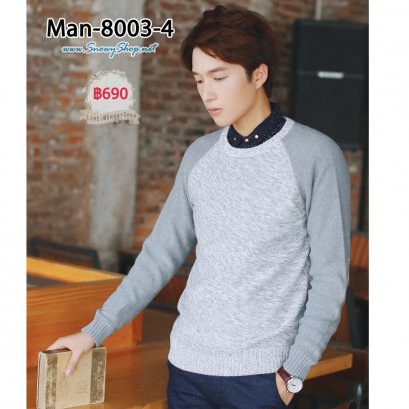 [พร้อมส่ง M,L,XL,2XL] [Man-8003-4] เสื้อไหมพรมคอกลมชายสีเทาตัดต่อแขน ผ้าไหมพรมเนื้อหนาใส่กันหนาวดี