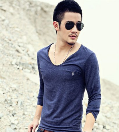  [[พร้อมส่ง L,XL]] [Mix-003] MIX++เสื้อยืด++เสื้อยืดสีน้ำเงินแขนยาวผ้ายืดใส่สบาย