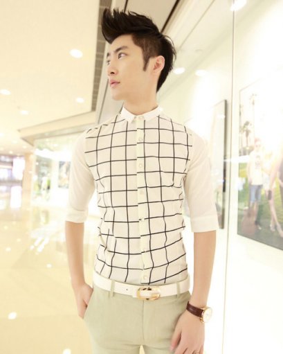  [พร้อมส่ง XL] [Msa-003] SHAN7++เสื้อเชิ๊ต++เสื้อเชิ๊ตผู้ชายสีขาวคอปกลายตาราง