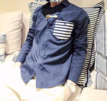  [พร้อมส่ง M,XL] [Msa-005] SHAN7++เสื้อเชิ๊ต++เสื้อเชิ๊ตผู้ชายสีน้ำเงินคอปกแขนยาวกระเป๋าหน้าเท่ห์