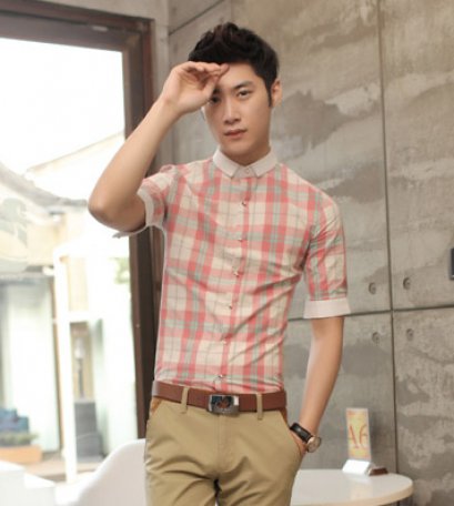  [พร้อมส่ง XL] [Msa-015] SHAN7++เสื้อเชิ๊ต++เสื้อเชิ๊ตผู้ชายสีชมพูลายสก๊อตคอปกแขนพับ