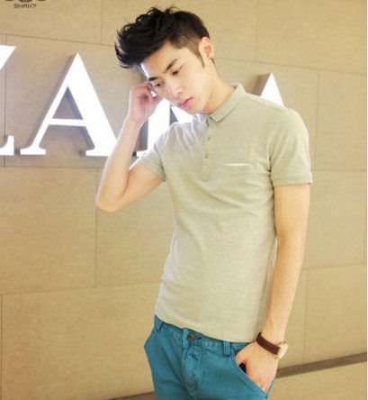  [พร้อมส่ง M] [Msa-018] SHAN7++เสื้อโปโล++เสื้อโปโลผู้ชายสีเทาคอปกแขนสั้น