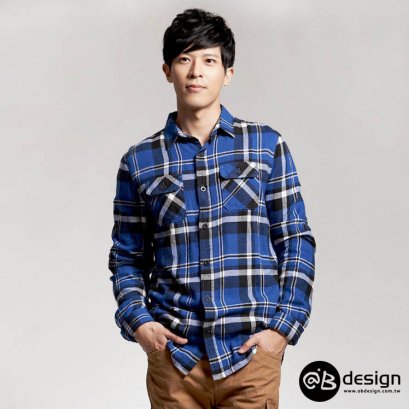 [[พร้อมส่ง XL,2XL]] [OBM-006] Orange Bear++เสื้อเชิ๊ต++เสื้อเชิ๊ตผู้ชายสีน้ำเงินลายสก๊อต